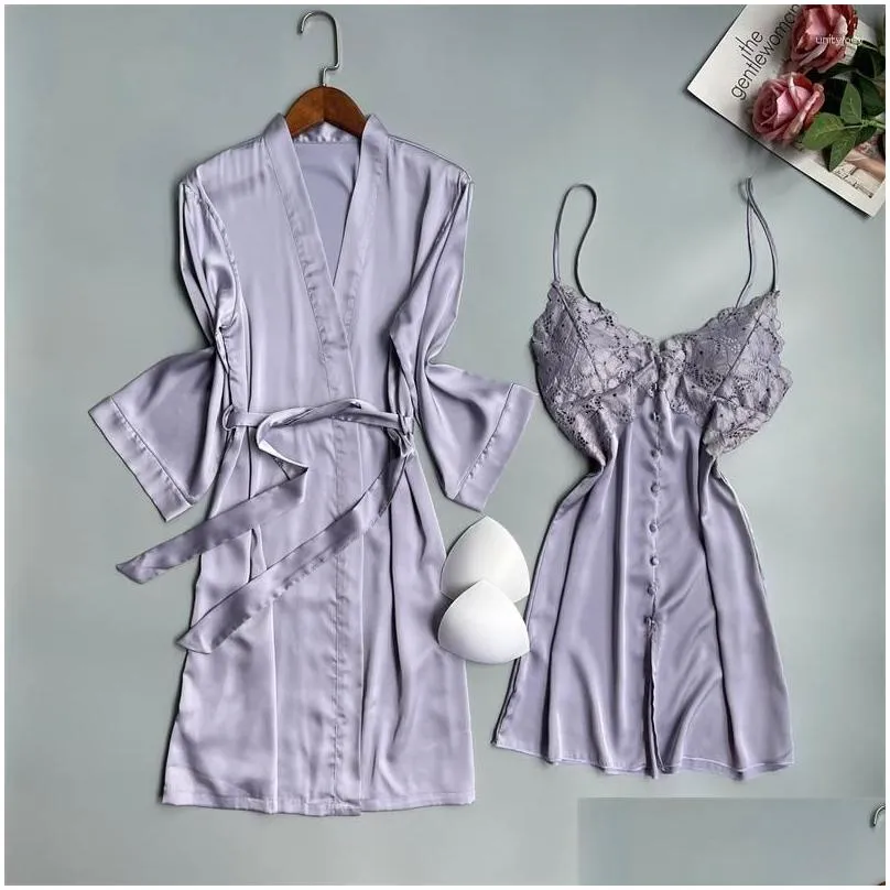 Women`s Sleepwear Women 2Pcs Robe Gown Suit Kimono Pajamas Sets Sexy Orange Satin Lace Bathrobe Home Wear Nightgown