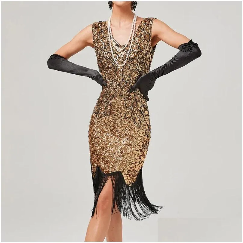 Stage Wear 1920s Vintage Great Gatsby Party Dress Women Sexy V-Neck Sleeveless Beaded Sequin Tassel Tango Dance Flapper Midi