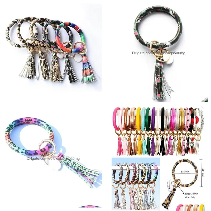 fashion women girls tassels party bracelets pu leather wrap party key ring leopard lily print keychain wristband drip oil circle bangle chains