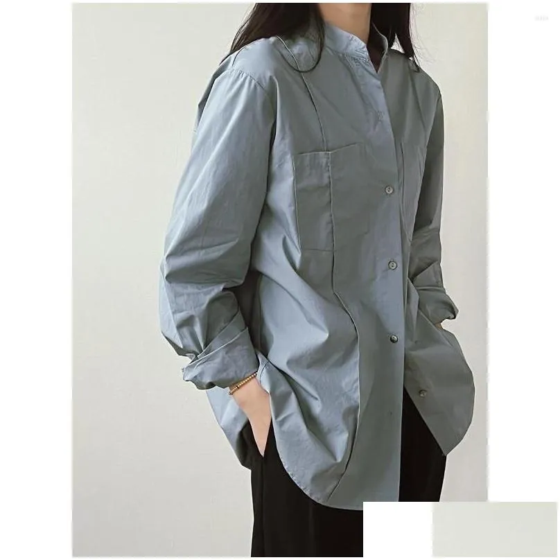 Women`s Blouses Standing Collar Shirt Woman Cotton