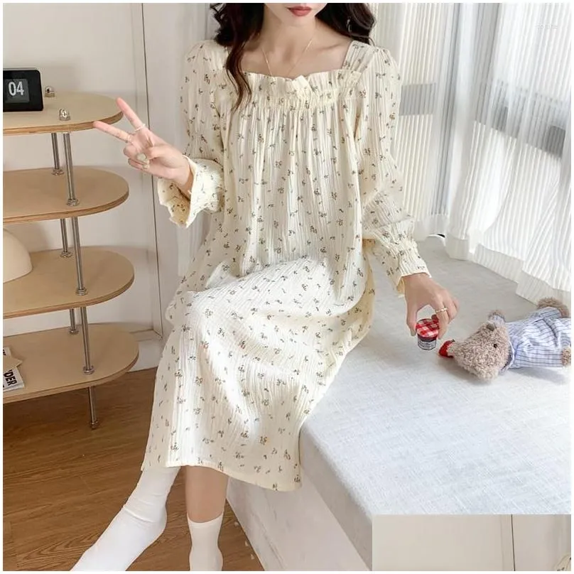 Women`s Sleepwear Autumn French Elegant Nightdress Women`s Vintage Floral Square Neck Long Sleeve Pajamas Princess Style Cotton