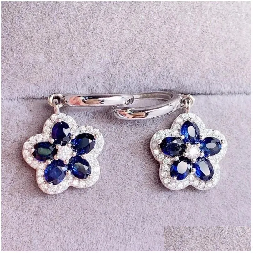 Hoop Earrings Natural Real Blue Sapphire Earring Flower Style 925 Sterling Silver 0.35ct 10pcs Gemstone Fine Jewelry For Men Women