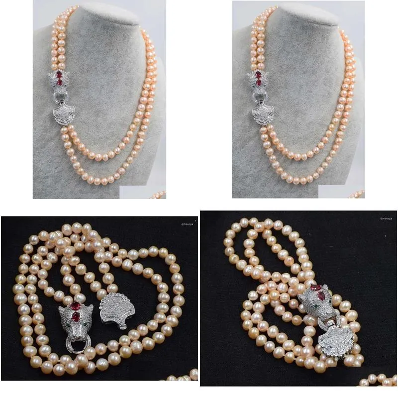 Choker 2rows Freshwater Pearl Pink Near Round 7-8mm Red Leopard Clasp 17-19inch Necklace Wholesale
