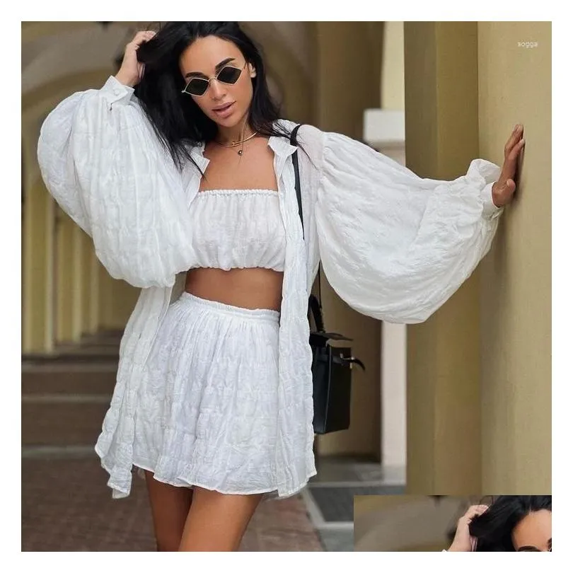 Women`s Sleepwear White Puff Sleeve T Shirt&shorts Set Summer Suit Loose Loungewear 3Pcs Home Clothes Cotton Y2K Outfit Casual Pyjamas