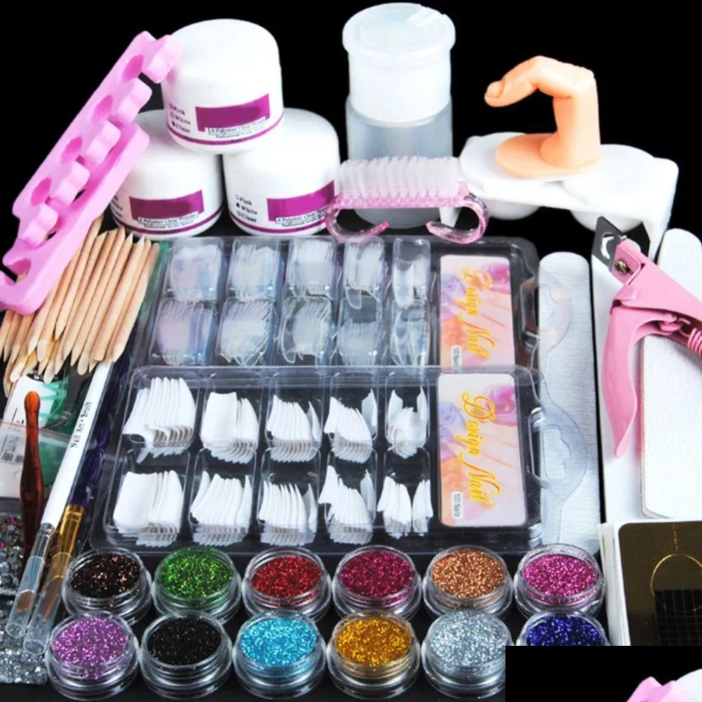 Hot Acrylic Nail Art Manicure Kit 12 Color Nail Glitter Powder Decoration Pen Brush False Finger Pump