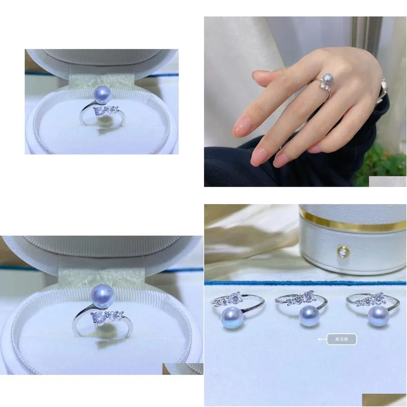 Cluster Rings 23032101 Diaomondbox Jewelry Ring 7-8Mm Akoya Pearl White Gold Plated Sterling 925 Sier Size Adjustable Curve Open Rhin Dh9Ql