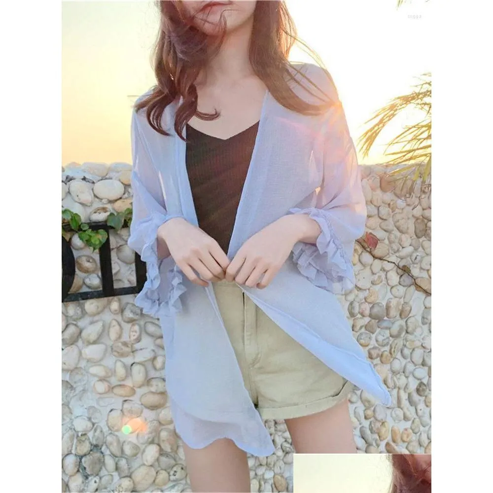 Women`s Blouses Women Summer Thin Chiffon Soft Breathable Sheer See-through Full Basic All-match Fashion Female Chic Loose ZY6693