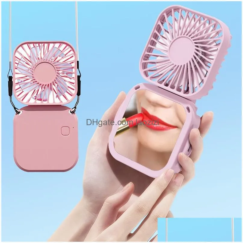 vanity mirror hanging neck fans portable folding handheld mini fan usb rechargeable small personal hands necklace fans for travel outdoors