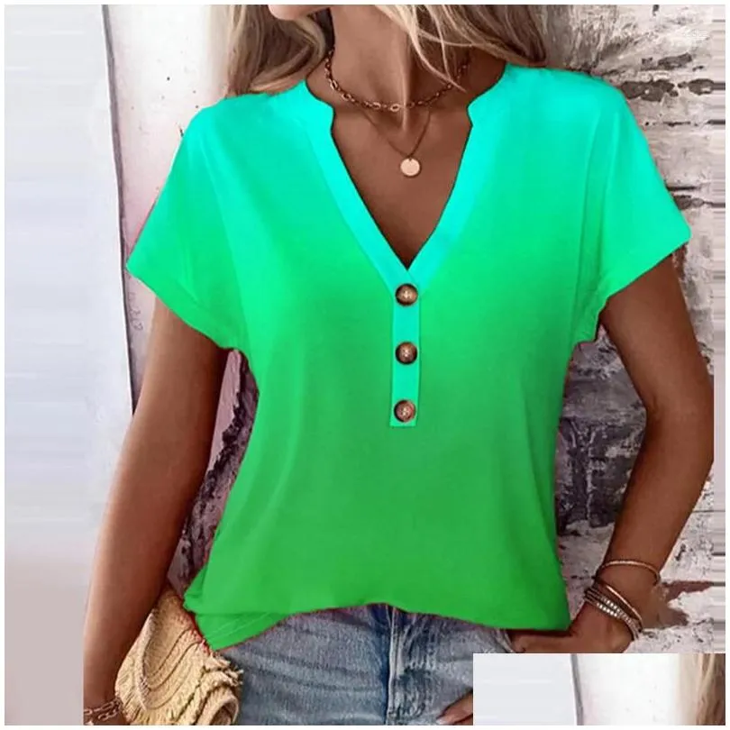 Women`s Blouses Spring Elegant V Neck Button Blouse Shirts Women Gradient Print Patchwork Office Top Summer Short Sleeve Streetwear