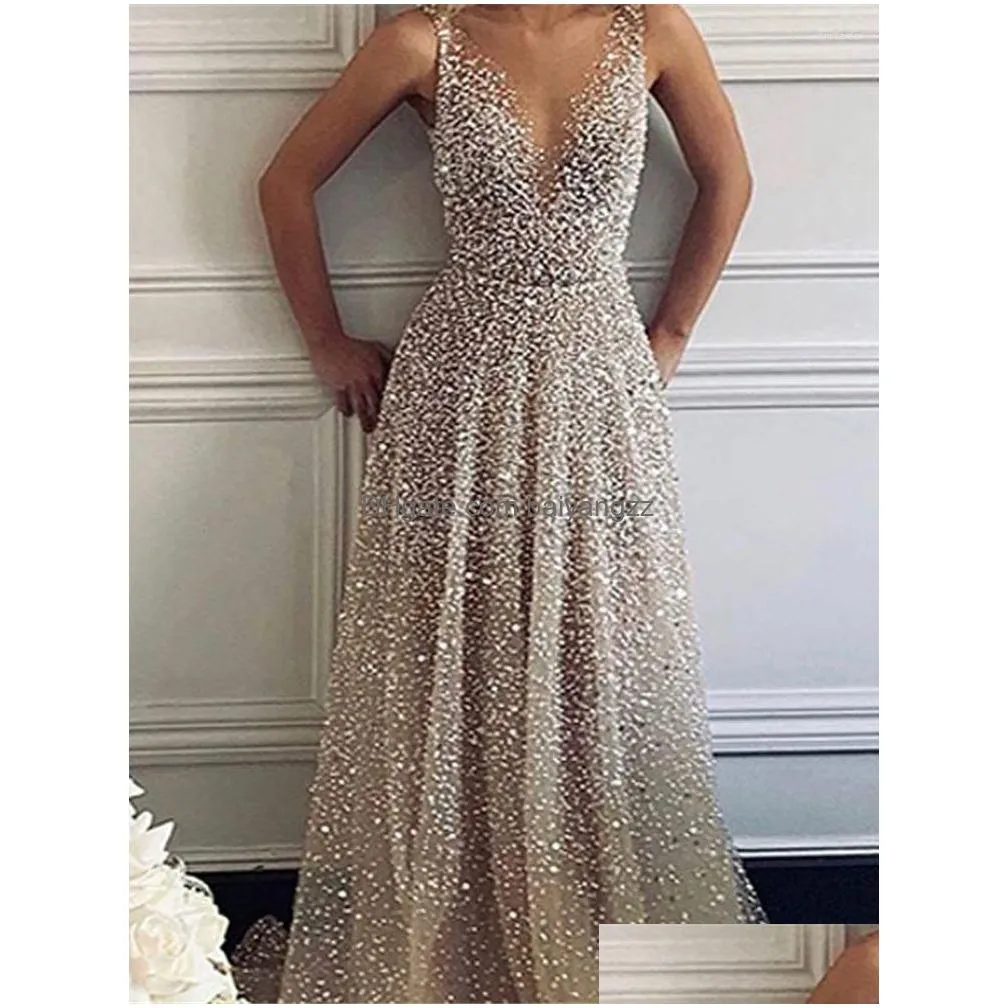 casual dresses luxury gold sequins beads prom sleeveless v-neck a-line wedding woman party evening gown cocktail dress vestidos