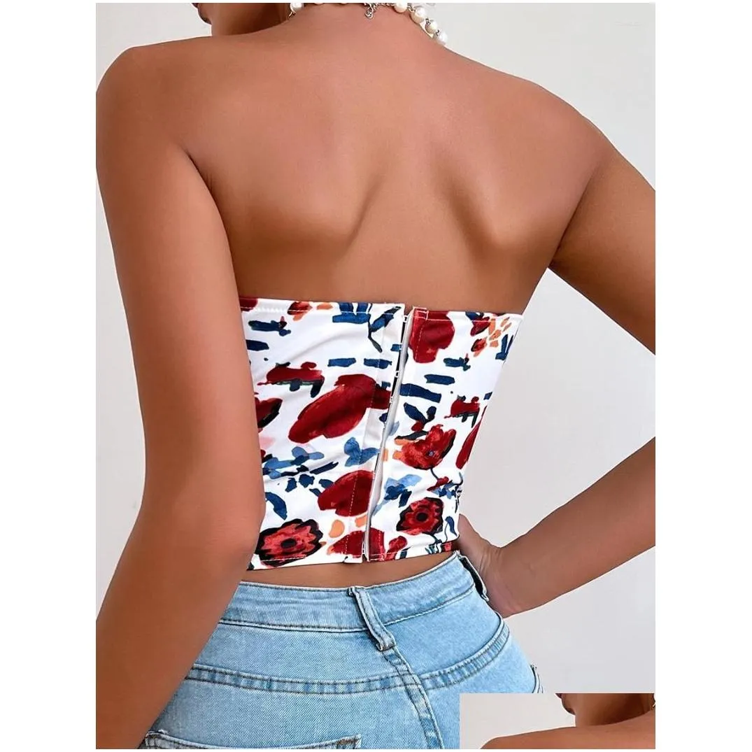 Women`s Tanks Boho Floral Tube Tops Sexy Backless Fishbone Corset Sleeveless Vest Strapless Off Shoulder Bustier Crop Clubwear