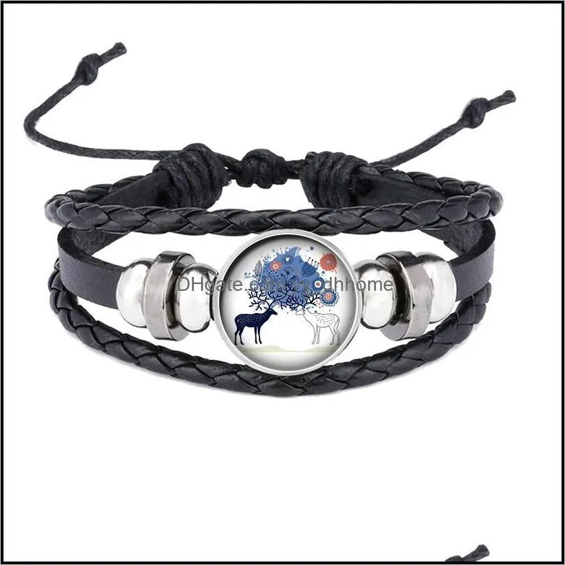 Charm Bracelets Colorf Elk Po Black Leather Woven Bracelet Glass Cabochon Handmade Snap Button Jewelry Gift For Men Drop Delivery Dhas4