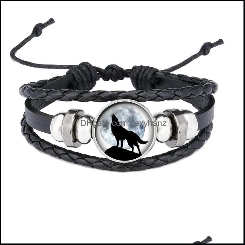 Charm Bracelets Wolf And Fl Moon Black Button Leather Bracelet Jewelry Round Glass Dome Cabochons For Pendant Gift Fashion Accessorie Dhyit