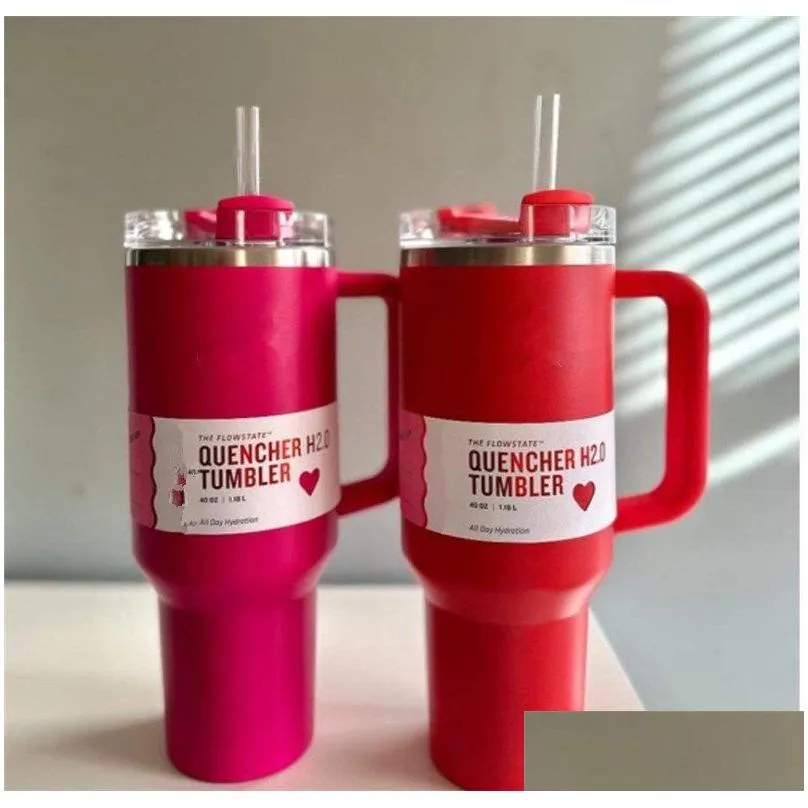 US stock Cosmo Pink Parada 40oz Stainless Steel Co Branded Flowstate Tumbler Flamingo 40 oz Quencher H2.0 Valentines Day Gift Mug Red Target Cups