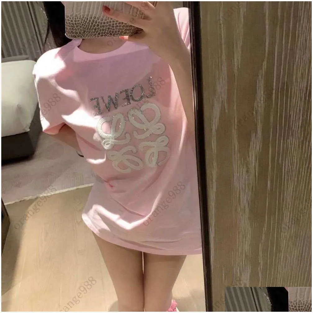 Low Home 23 New Sequin T-shirt for Women Heavy Industry Nightlight Embroidery Letters Fashion Casual Special Highlighting Personality