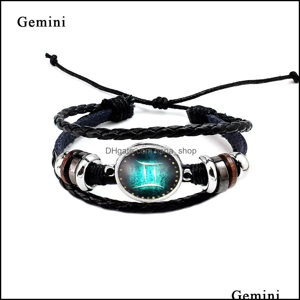 12 constellation bracelet for unisex vintage silver color black braided adjustable multilayer leather bracelets christmas gift fashion