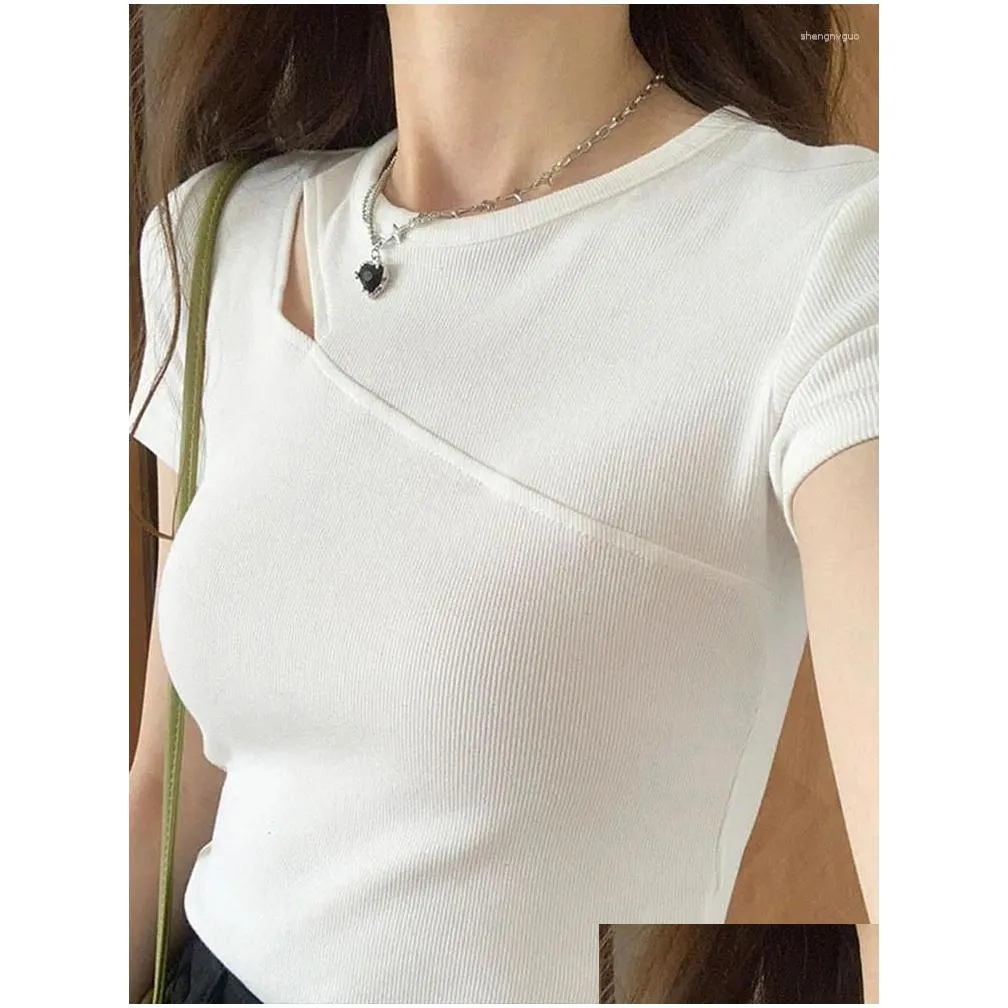 Women`s Tanks Summer Fashion Solid Color Slim T-shirt Hollow Out Sexy Basic Top Korean O-Neck White Grey Black T-Shirts