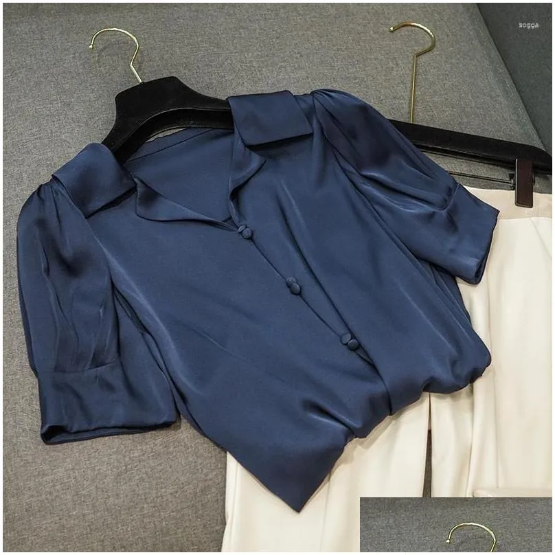 Women`s Blouses High-quality Lapel Bubble Sleeve Silk Shirt Workplace Female Commuting Versatile Fashion Office Ladies Slim Solid