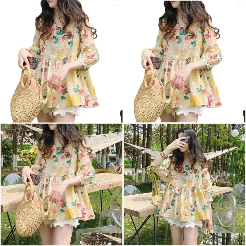 Women`s Blouses Summer Casual Cotton Linen Shirt Half Sleeve Floral Printed Tops Korean Loose Sweet Women Blouse