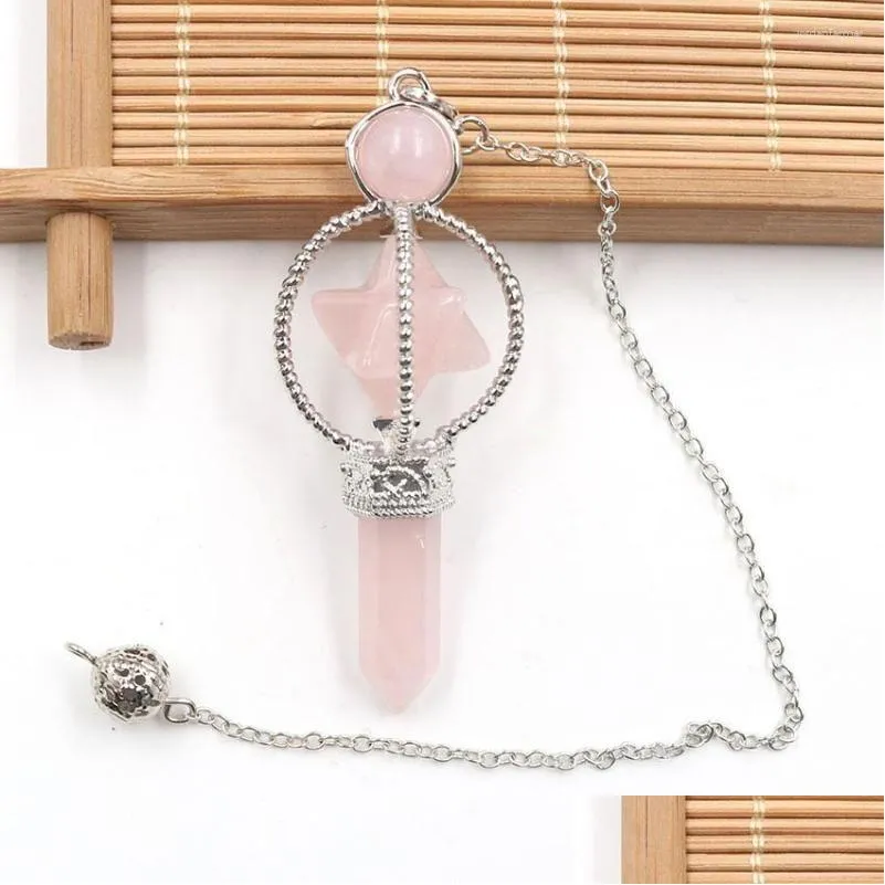 Pendant Necklaces XSM 62 23mm Natural Rose Quartzs Merkaba Pendulum Pendants Reiki Healing Hexagon Pillar Energy Scepter Spiritual