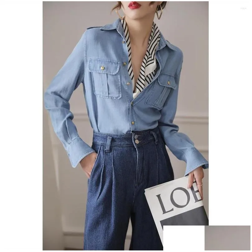 Women`s Blouses Denim Shirt Coat Spring And Autumn Long Sleeve Folding Style Workwear Retro Design Sense Small Top