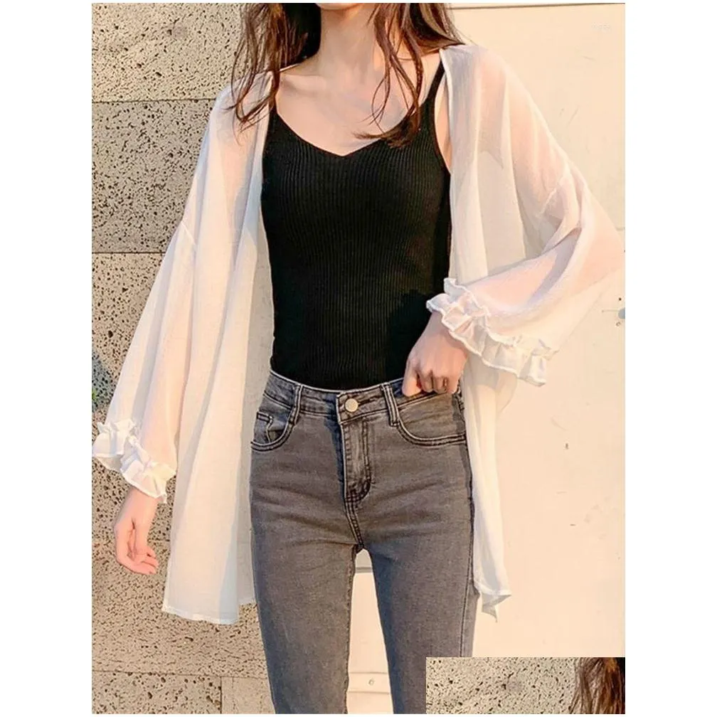 Women`s Blouses Women Summer Thin Chiffon Soft Breathable Sheer See-through Full Basic All-match Fashion Female Chic Loose ZY6693