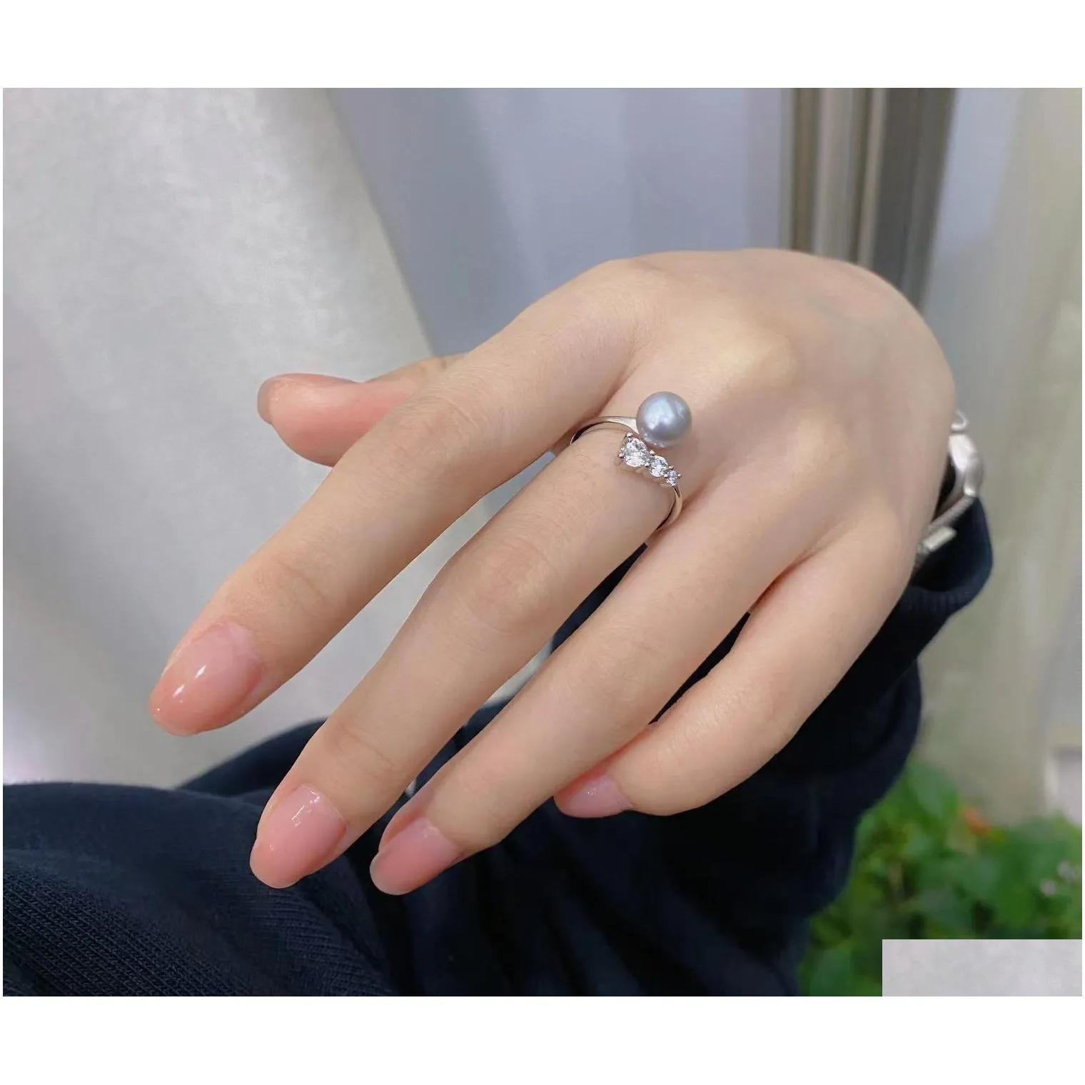 Cluster Rings 23032101 Diaomondbox Jewelry Ring 7-8Mm Akoya Pearl White Gold Plated Sterling 925 Sier Size Adjustable Curve Open Rhin Dh9Ql