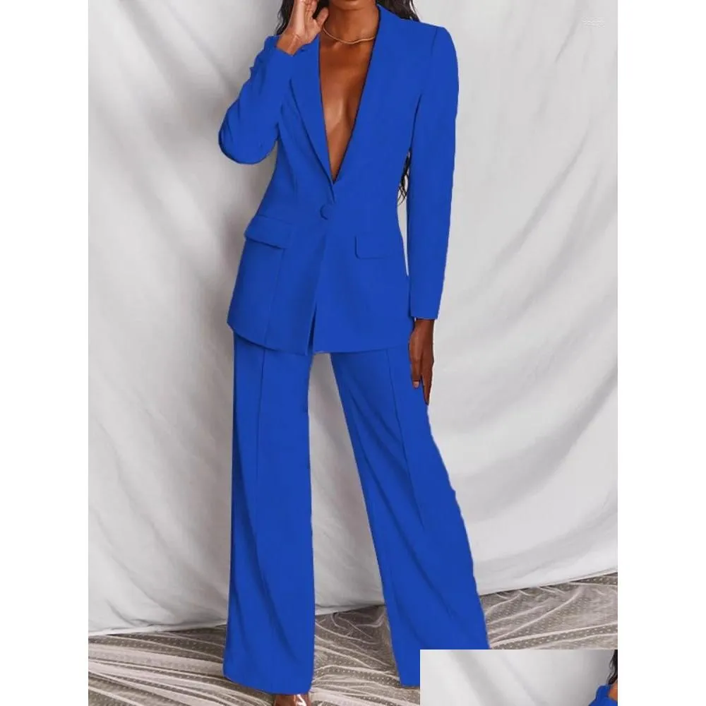 Women`s Two Piece Pants Sets Women Suits Autumn Winter High Waist Straight Single Button Korean Coat Casual Solid Blazer Long Sleeve