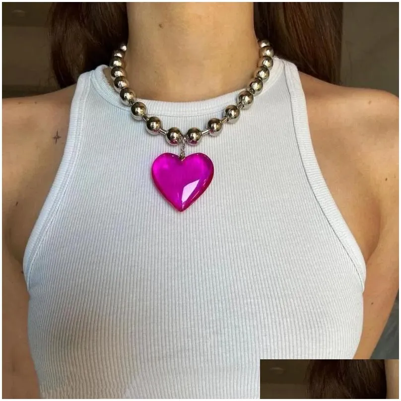 Pendant Necklaces Purple Glass Love Heart Aesthetic Beads Chains Choker Collar Hip Hop Punk Fashion For Women Club Y2k Jewelry