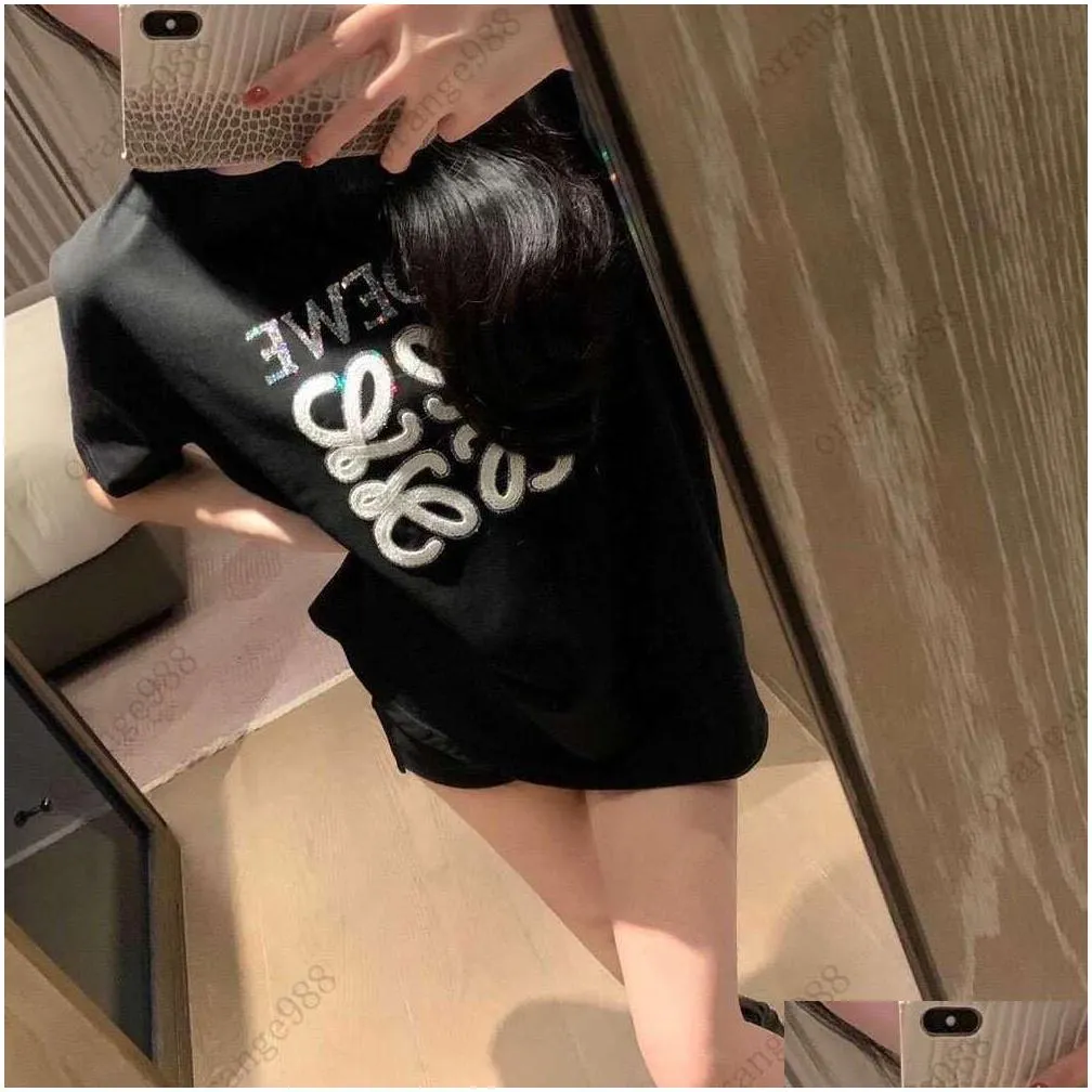 Low Home 23 New Sequin T-shirt for Women Heavy Industry Nightlight Embroidery Letters Fashion Casual Special Highlighting Personality