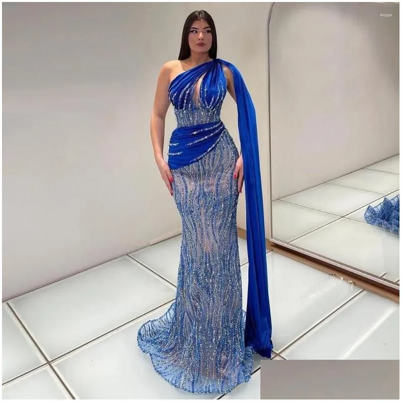 Party Dresses SERENE HILL 2024 Blue Mermaid One Shoulder Elegant Beaded Luxury Evening Gowns For Women Wedding GLA72323