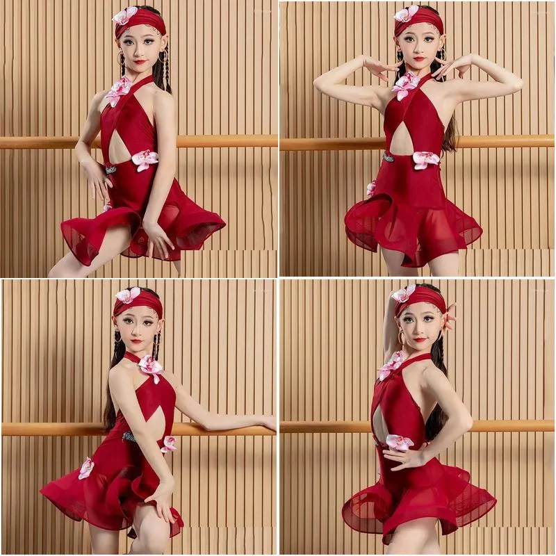 Stage Wear Girls Latin Dance Dress Red Flower Performance Costume Summer Cha Rumba Competition Clothes Kids DNV20123