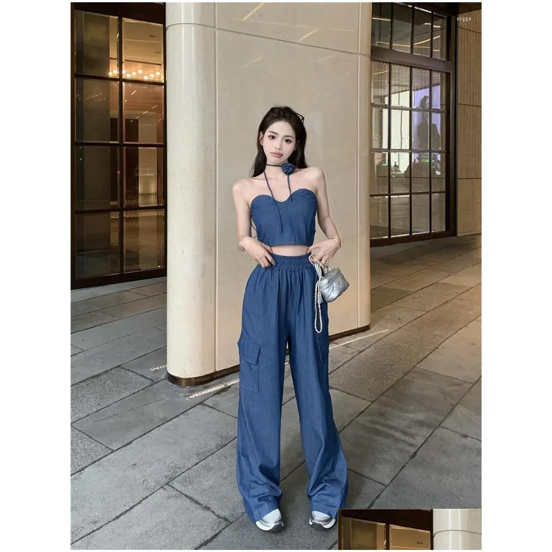 Women`s Two Piece Pants Retro Girls Suit Women`s Strapless Vest Summer High Waist Slim Wide Leg Floor Dragging Two-piece Set Female