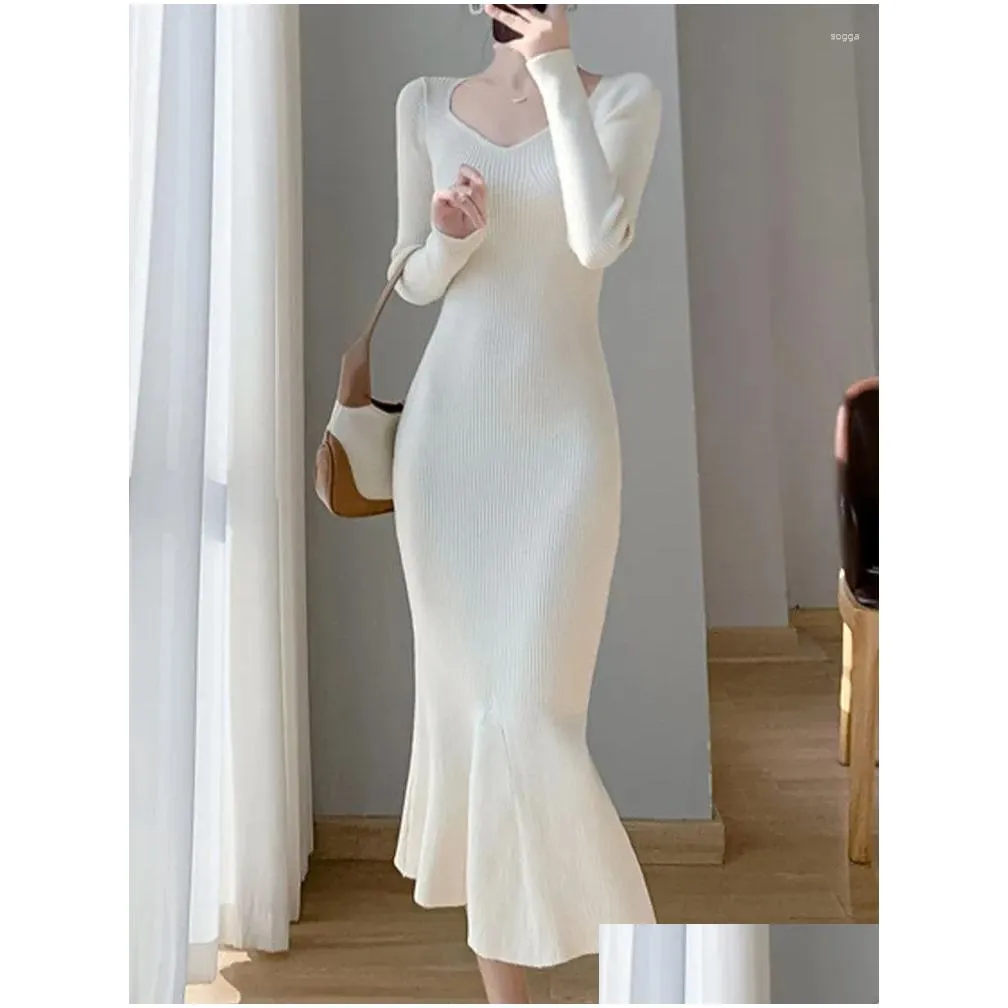 Party Dresses Knitted White Dress Women Autumn Long Sleeve V-neck Slim Sweater Female French Style High Waist Bodycon Wrapped