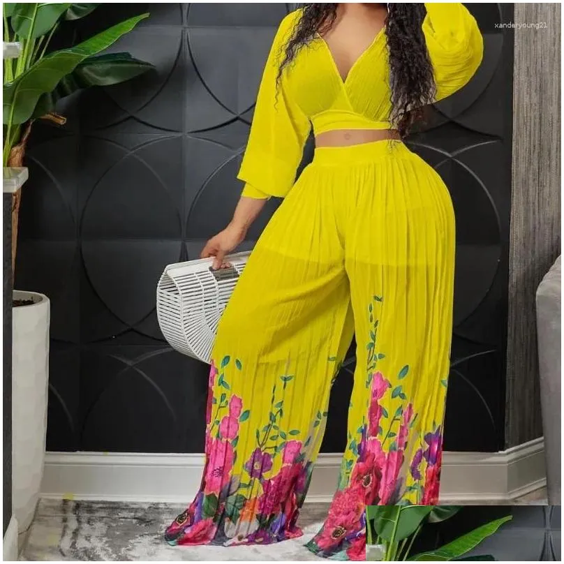 Ethnic Clothing Sheer Mesh Patchwork Ruffle Sleeve Jumpsuit Wide Leg Pants Women Sexy Elegant OL Office Ladies Rompers