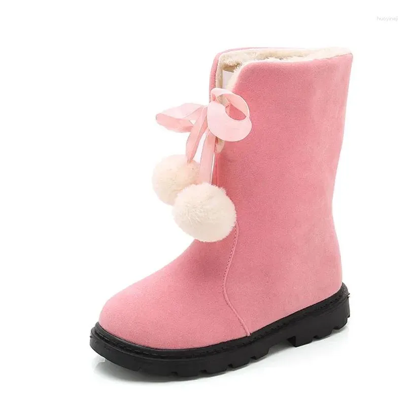 Boots Kids Girls Warm Plush Lining Mid-calf Children Winter Shoes Fashion Fur Ball Decoration Snow Size 26-37