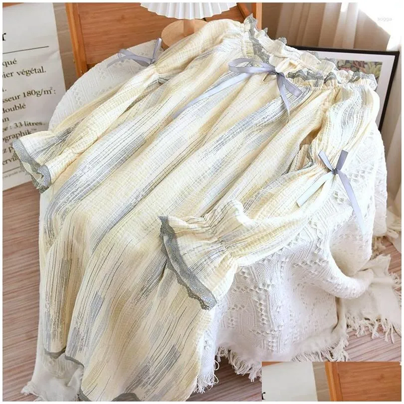 Women`s Sleepwear Crepe Cotton Round Neck Nightdress Summer Long Sleeve Night Gowns Ladies Cute Women Thin Loose Pajama Dress