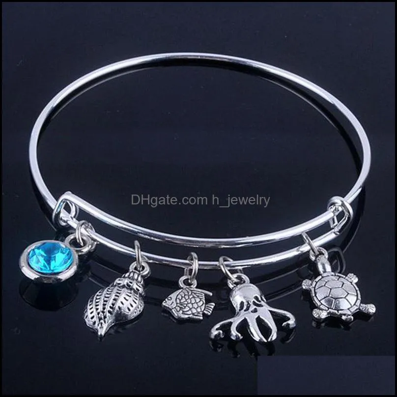 Charm Bracelets New Design Adjustable Expandable Wire Bangles Diameter 65Mm Sier Plated Sea Life And Blue Birthday Drop Deli Dhgarden Dho4U