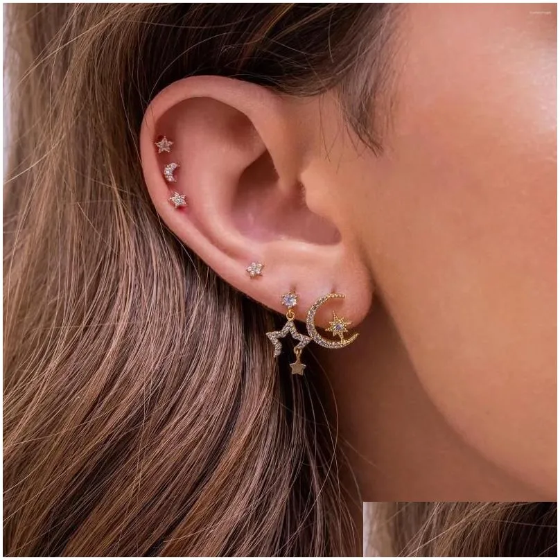 Hoop Earrings Design Stainless Steel Cubic Zirconia Chain Earring For Women Star Moon Pendant Cartilage Piercing Jewelry