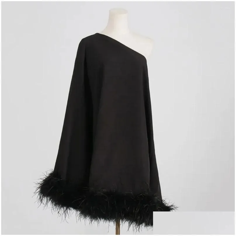 Casual Dresses Modphy 2023 Off One Shoulder Female Diagonal Collar Long Sleeve Loose Waist Feathers Solid Mini Dress For Women