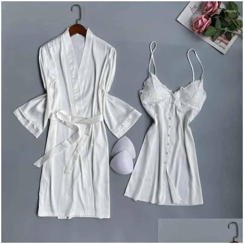 Women`s Sleepwear Women 2Pcs Robe Gown Suit Kimono Pajamas Sets Sexy Orange Satin Lace Bathrobe Home Wear Nightgown