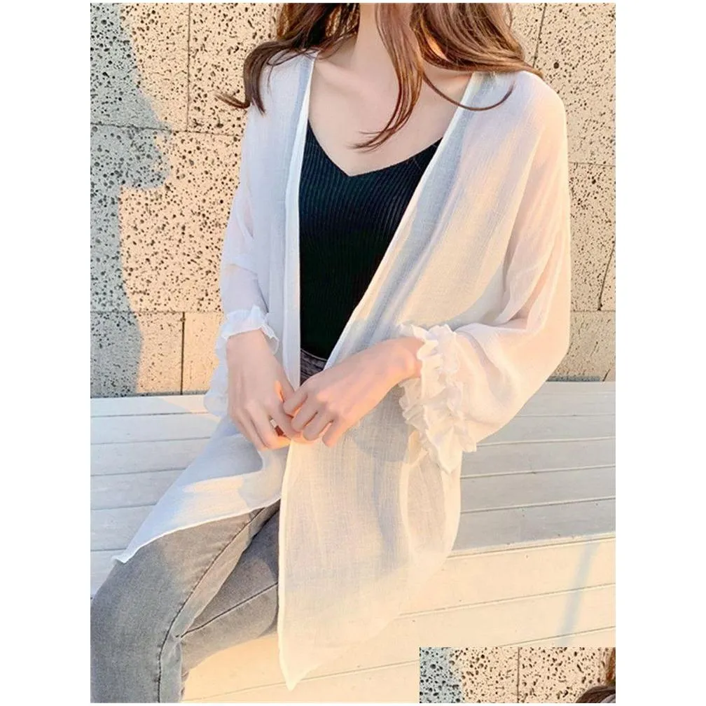 Women`s Blouses Women Summer Thin Chiffon Soft Breathable Sheer See-through Full Basic All-match Fashion Female Chic Loose ZY6693