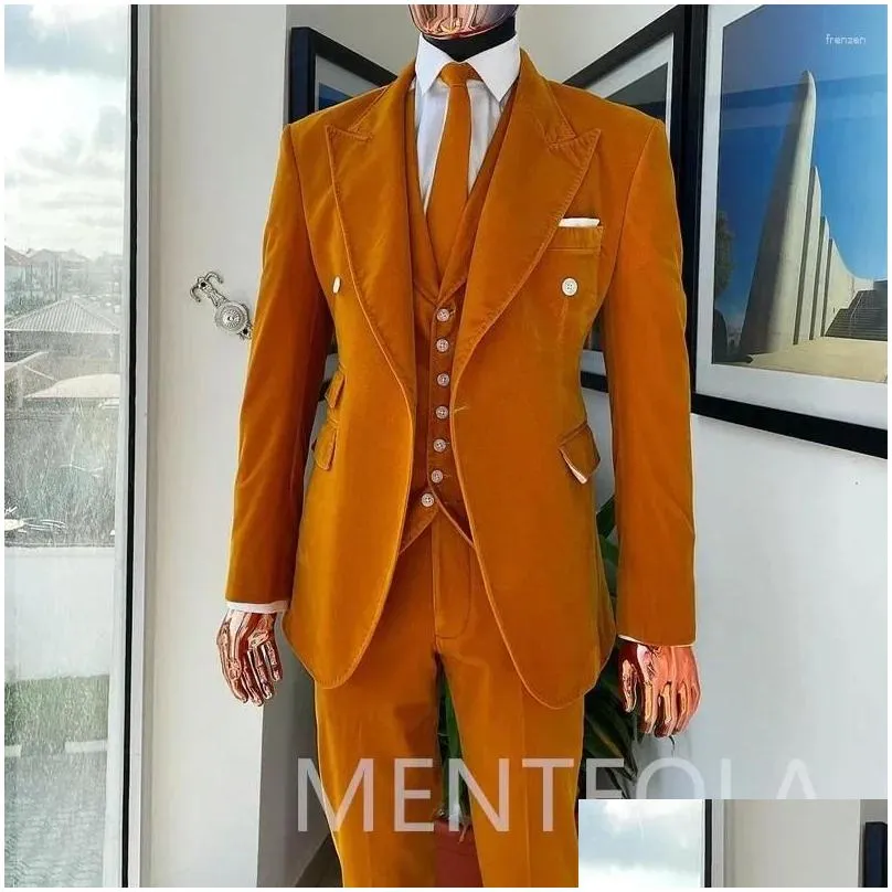 Men`s Suits Velvet Wedding Peaked Lapel Formal Prom 3 Pcs Groom Tuxedo Custom Slim Fit 2024 American Style Costume