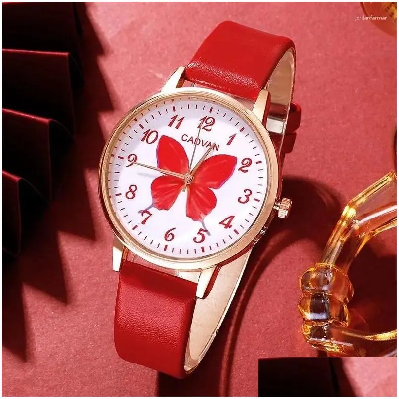 Wristwatches 6PCS Set Women Fashion Quartz Watch Female Clock Red Butterfly Dial Design Ladies Leather Wrist Montre Femme