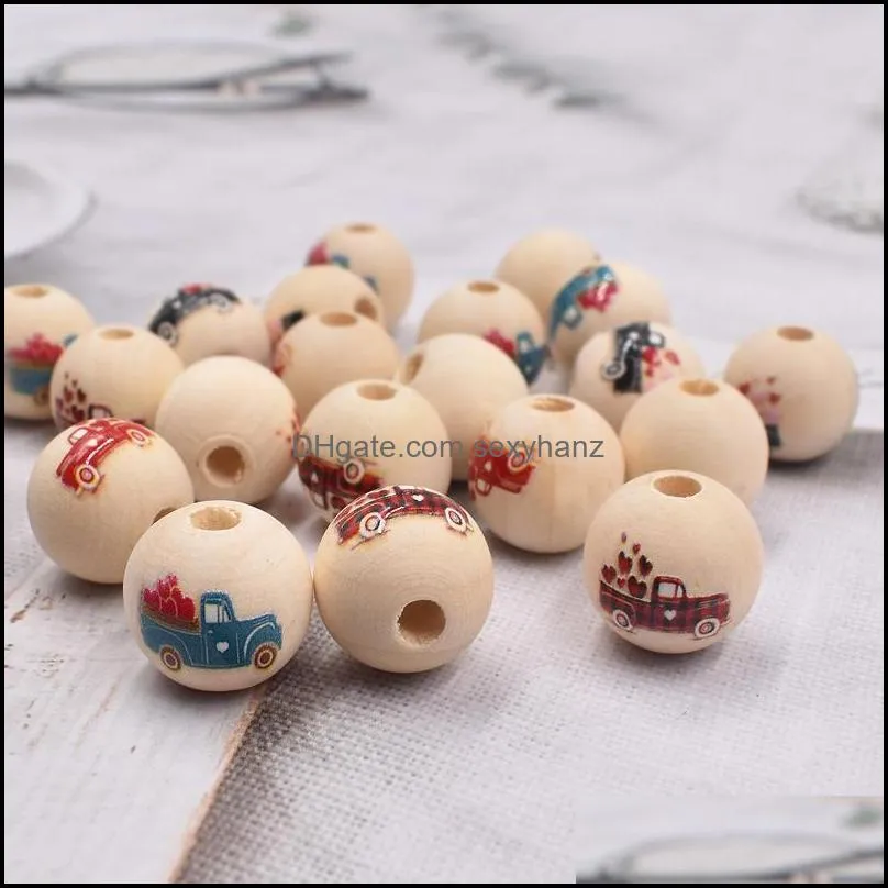 Wood Round Loose Beads 16Mm Colorf Truck Heart Print Design Spacer Wooden Ball For Diy Crafts Jewelry Making Drop Delivery Dhtkl