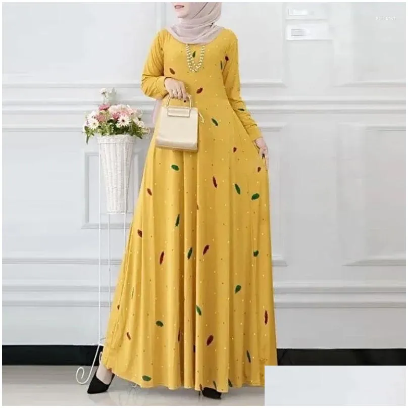 Ethnic Clothing 2024 Muslim Women`s Fashion Casual Dress With Leaf Dot Print Spring And Autumn Long Sleeved Bohemian Flare