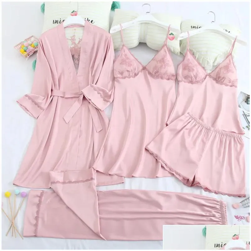 Women`s Sleepwear Satin Casual Loungewear Intimate Lingerie With Chest Pad Backless Bride Bridesmaid Wedding Pajamas Suit Lace Sexy