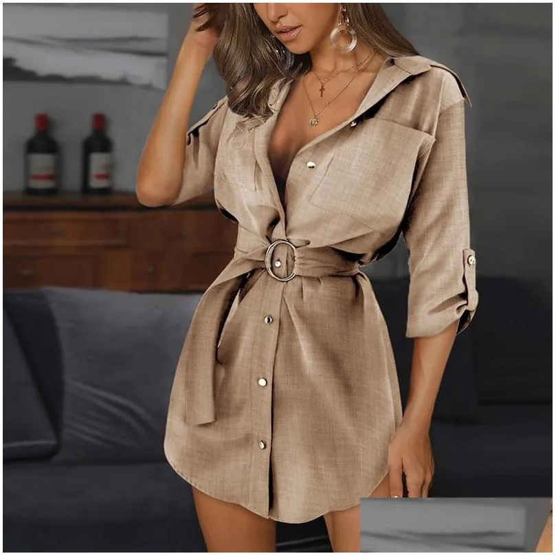 Basic & Casual Dresses Fashion Shirt Dress Fall Clothing Long Sleeve Button Turndowen Collar Sashes Women Mini Plus Size Drop Deliver Dhhmp