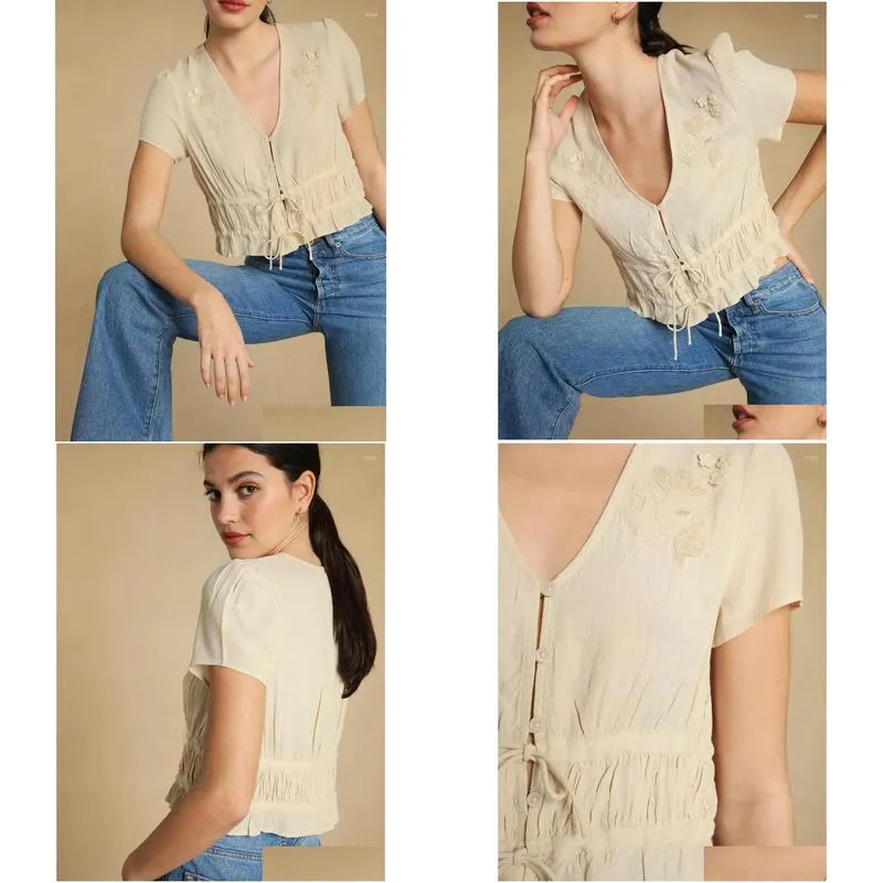 Women`s Blouses Women Shirt 2023 Spring/Summer Embroidered Buttoned Strap Short Sleeve Casual Top