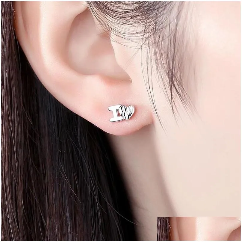 Stud Earrings Real Pure Platinum 950 Women Lucky Carved Heart I Love You 1.8-2g